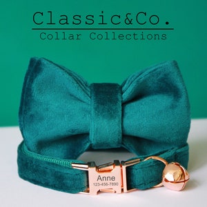 Emerald Velvet Personalized Cat& Small Dog Collar Bowtie Leash Set,Custom Engraved Kitten Puppy Name Tag,Free Gold Bell,Male Female Pet Gift image 2