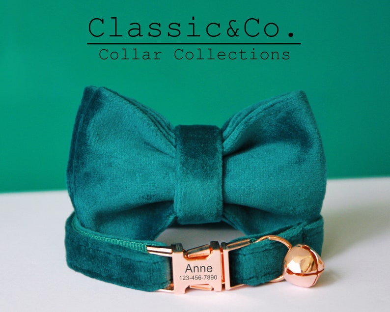 Emerald Velvet Personalized Cat& Small Dog Collar Bowtie Leash Set,Custom Engraved Kitten Puppy Name Tag,Free Gold Bell,Male Female Pet Gift image 2