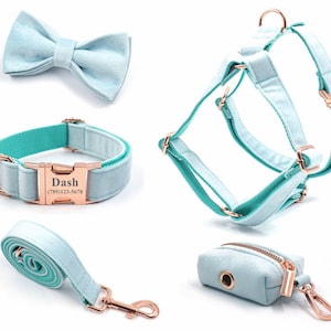 Aqua Velvet Dog Harness and Leash Set, Personalize Step In Puppy Harness+Collar+Bowtie+Poo Bag Holder, No Pull Wedding Harness Bundle