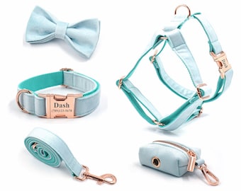 Aqua Velvet Dog Harness and Leash Set, Personalize Step In Puppy Harness+Collar+Bowtie+Poo Bag Holder, No Pull Wedding Harness Bundle