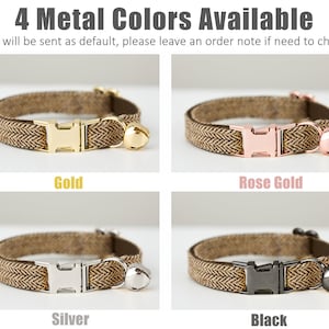 May include: Four cat collars with different colored metal buckles. The collars are brown with a herringbone pattern. The buckles are gold, rose gold, silver, and black.