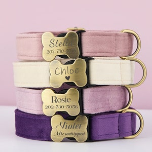 Multi-Colour Velvet Personalize Dog Collar Leash Bow Set,PurpleVioletLilac,Engraved Pet Name Bone Shape Silent Buckle,Wedding Puppy Gift image 1