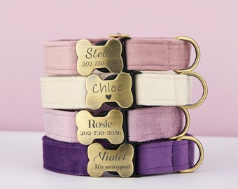 Meerkleurig fluweel Personaliseer halsband Leash Bow Set, paars + violet + lila, gegraveerde huisdiernaam botvorm Stille gesp, bruiloft puppy cadeau