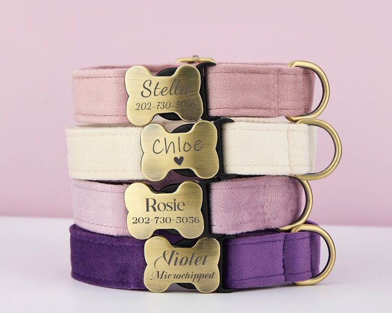 Multi-Colour Velvet Personalize Dog Collar Leash Bow Set,PurpleVioletLilac,Engraved Pet Name Bone Shape Silent Buckle,Wedding Puppy Gift image 1