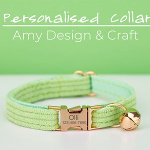 PaleGreen Corduroy Personalized Cat Collar with Bow tie Set,Engraved Kitten Name Tag,Gold Bell,Small Dog Collar UK Free Shipping
