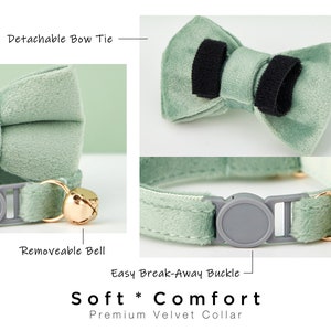 Breakaway SageGreen Velvet Personalized Cat Collar Bowtie Leash Set,Custom Engraved Kitten Name Safety Buckle,Free Gold Bell,Female Pet Gift image 5