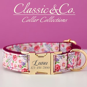 Floral Personalized Dog Collar Bow Tie Leash Set,Custom Engraved Pet Name Metal Buckle,Lilac Birthday Puppy Gift,FREE Shipping