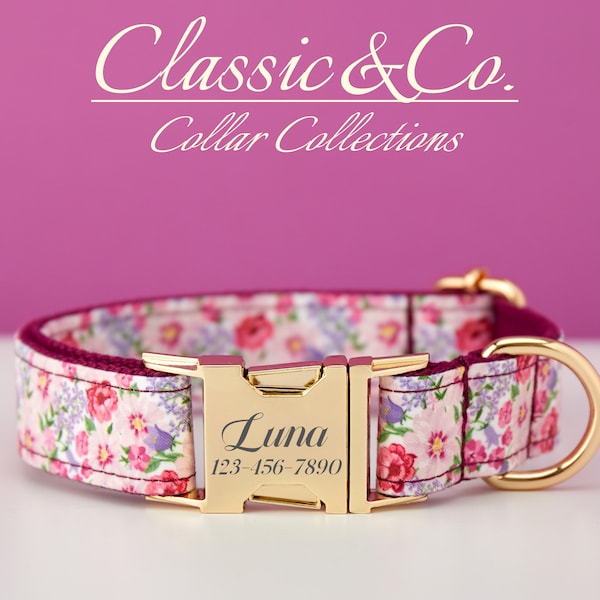 Floral Personalized Dog Collar Bow Tie Leash Set,Custom Engraved Pet Name Metal Buckle,Lilac Birthday Puppy Gift,FREE Shipping