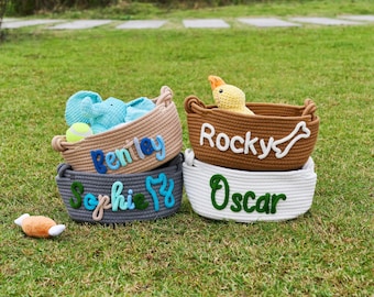 Personalized Pet Toy Basket, Custom Dog or Cat Toy Box, Rope Storage Bin, New Puppy Gift, Pet Accessories Organizer