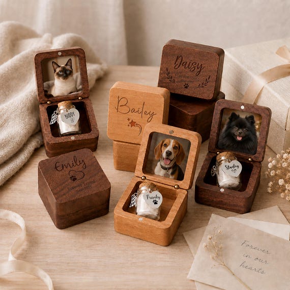 Custom Pet Fur Keepsake Box with Photo, Personalized Wooden Dog or Cat Memorial, Pet Ashes Keepsake, Pet Loss Sympathy Gift