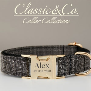 Schwarzes Tweed personalisierte Hundehalsband Fliege Leinen Set, individuell gravierte Haustier Name Metallschnalle, lila Geburtstagswelpen Geschenk, kostenloser Versand