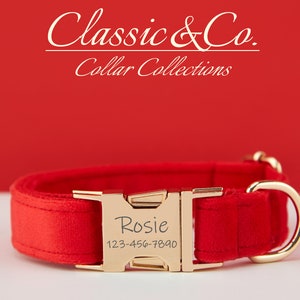 Personalized Dog Collar With Engraved Pet Name Metal Buckle,Red Velvet Dog Collar and Leash Set with Bell And Bow,FREE Shipping