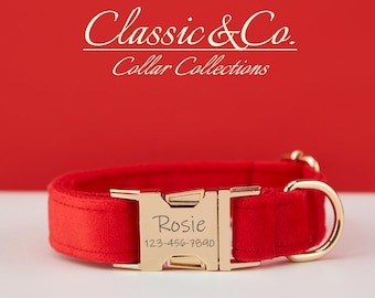 Personalized Dog Collar With Engraved Pet Name Metal Buckle,Red Velvet Dog Collar and Leash Set with Bell And Bow,FREE Shipping