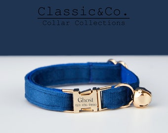 Juego de correa de lazo de collar de perro pequeño y gato personalizado de terciopelo azul real, etiqueta de nombre de cachorro de gatito grabada personalizada, campana de oro gratis, regalo de mascota macho hembra