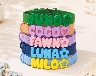 Personalized Silicone Dog Collar with Name, Pastel Pet Collar with Custom Letters, Waterproof Collar with Leash, Gift for New Pet