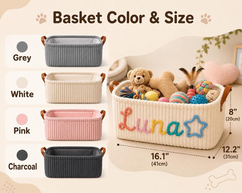 May include: A rectangular storage basket with ribbed fabric sides and brown faux leather handles. The white version features the name Luna and a star in colorful yarn. Dimensions are 16.1 inches by 12.2 inches by 8 inches. Available in grey, white, pink, and charcoal.