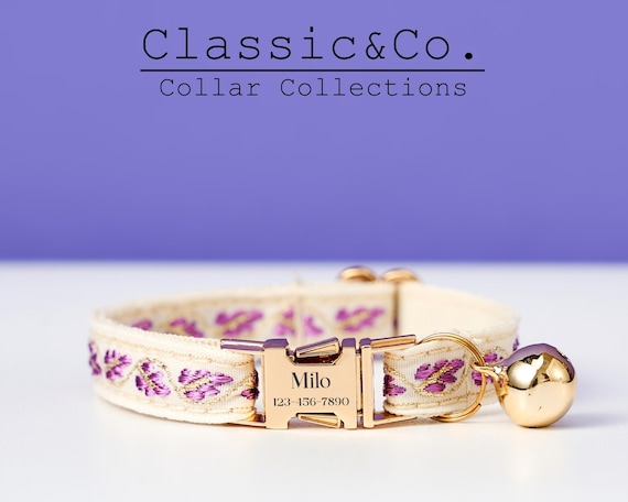 Silent Cat Collar with Leash Personalized, Webbing Purple Tribal Kitten Collar with Engraved Metal Buckle+Free ID Tag, Gift for Pet Lovers