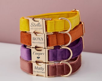 Multiple Colour Velvet Personalise Dog Collar Leash Set with Bow,Yellow+Purple+Caramel,Engraved Pet Name Tag Metal Buckle,Wedding Puppy Gift