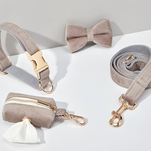 Grey Velvet Dog Harness and Leash Set, Personalize Step In Puppy HarnessCollarBowtiePoo Bag Holder, No Pull Wedding Harness Bundle Collar 4 Pieces Set