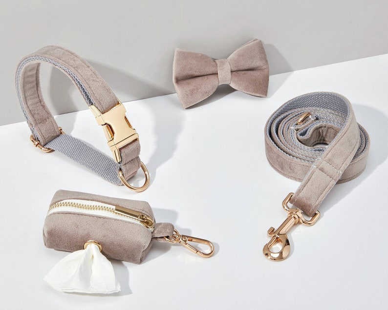 Grey Velvet Dog Harness and Leash Set, Personalize Step In Puppy HarnessCollarBowtiePoo Bag Holder, No Pull Wedding Harness Bundle Collar 4 Pieces Set