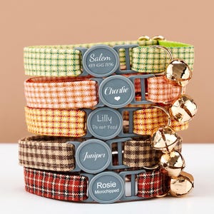 Breakaway Colorful Personalised Cat Collar Leash with Bow, Green Coffee Orange Yellow Plaid ,Engraved Pet Name Safety Buckle,Free Gold Bell