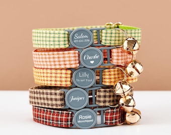 Breakaway Bunte Personalisierte Katzenhalsband Leine mit Schleife, Grüner Kaffee Orange Gelb Kariert, Gravur Haustier Name Sicherheitsschnalle, Gratis Gold Glocke