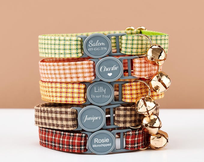 Breakaway Colorful Personalised Cat Collar Leash with Bow, Green Coffee Orange Yellow Plaid ,Engraved Pet Name Safety Buckle,Free Gold Bell