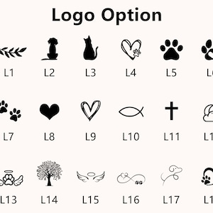 Op de afbeelding: Een verzameling zwart-witte logo-opties, waaronder een blad, een hond, een kat, een hart, pootafdrukken, een kruis en andere ontwerpen. De tekst "Logo Option" staat bovenaan.