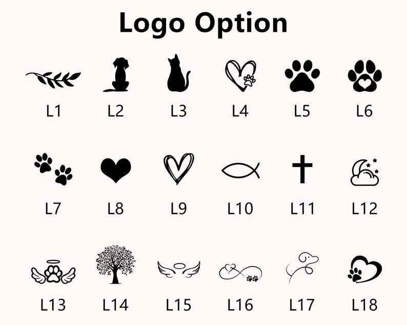 Op de afbeelding: Een verzameling zwart-witte logo-opties, waaronder een blad, een hond, een kat, een hart, pootafdrukken, een kruis en andere ontwerpen. De tekst "Logo Option" staat bovenaan.