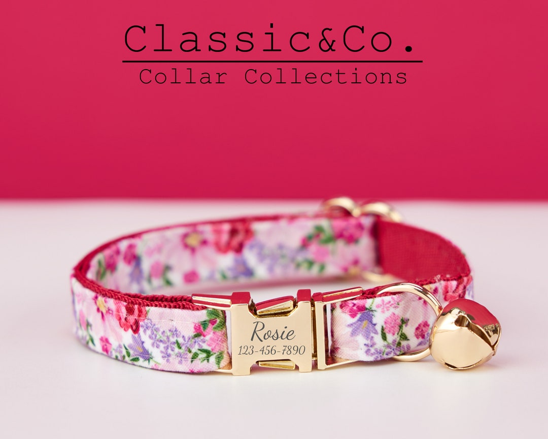 Pink Summer Flower Cat Collar for Girl, Quality Kitten Collar With Gold