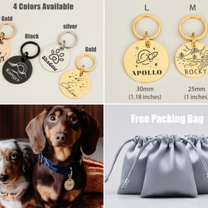 May include: Four personalized dog tags in rose gold, silver, black, and gold with different designs and names. The tags are 1.18 inches and 1 inch in diameter. A free gray drawstring bag is included.