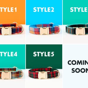 Op de afbeelding: Een verzameling van vijf geruite hondenhalsbanden met goudkleurige metalen gespen en D-ringen. Elke halsband heeft een andere kleurencombinatie, met de tekst "STYLE" en een nummer erboven. De woorden "COMING SOON" worden ook weergegeven.