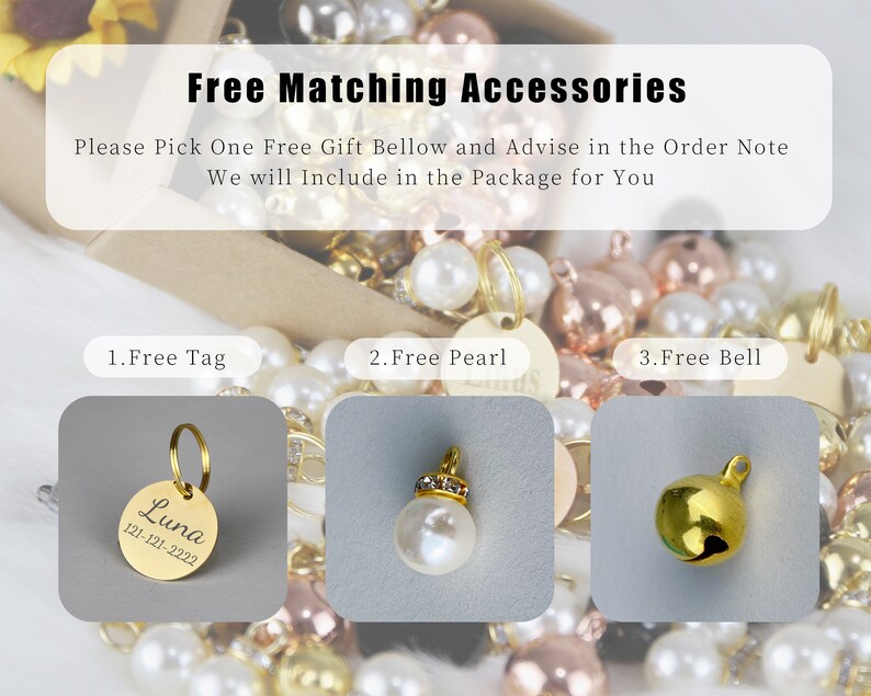 May include: Three options for a free gift with purchase: a gold tag with the text "Luna 121-121-2222", a white pearl, and a gold bell.