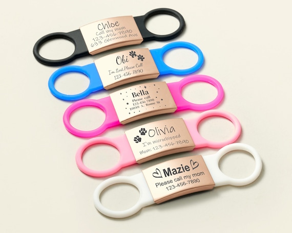 Personalized Slide-On Collar Tag with Pet ID, Custom Silicone Silent Tag for Dogs & Cats, Rose Gold Engraved Metal Tag with Flexible Band