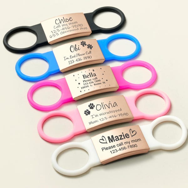 Personalized Slide-On Collar Tag with Pet ID, Custom Silicone Silent Tag for Dogs & Cats, Rose Gold Engraved Metal Tag with Flexible Band
