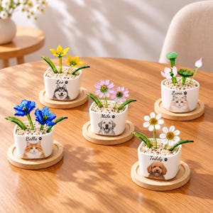 Può includere: Cinque vasi quadrati in ceramica bianca su sottobicchieri in legno, contenenti fiori in vetro e piccoli ciottoli. I vasi presentano ritratti di animali domestici e nomi: Leo, Milo, Luna, Bella e Teddy con le relative illustrazioni.