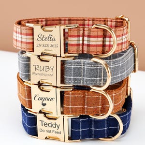 Personalized Tartan Dog Collar and Leash Set, Colorful Plaid Puppy Collar with Bow, Custom Engraved Dog Collar with Name, Handmade Dog Gift