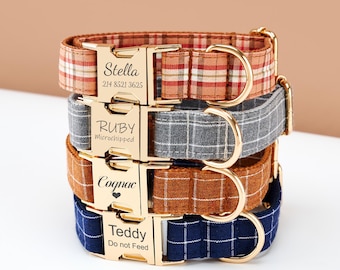 Conjunto de coleira e guia xadrez personalizadas para cães, coleira colorida para filhotes com laço, coleira personalizada com nome gravado, presente artesanal para cães.