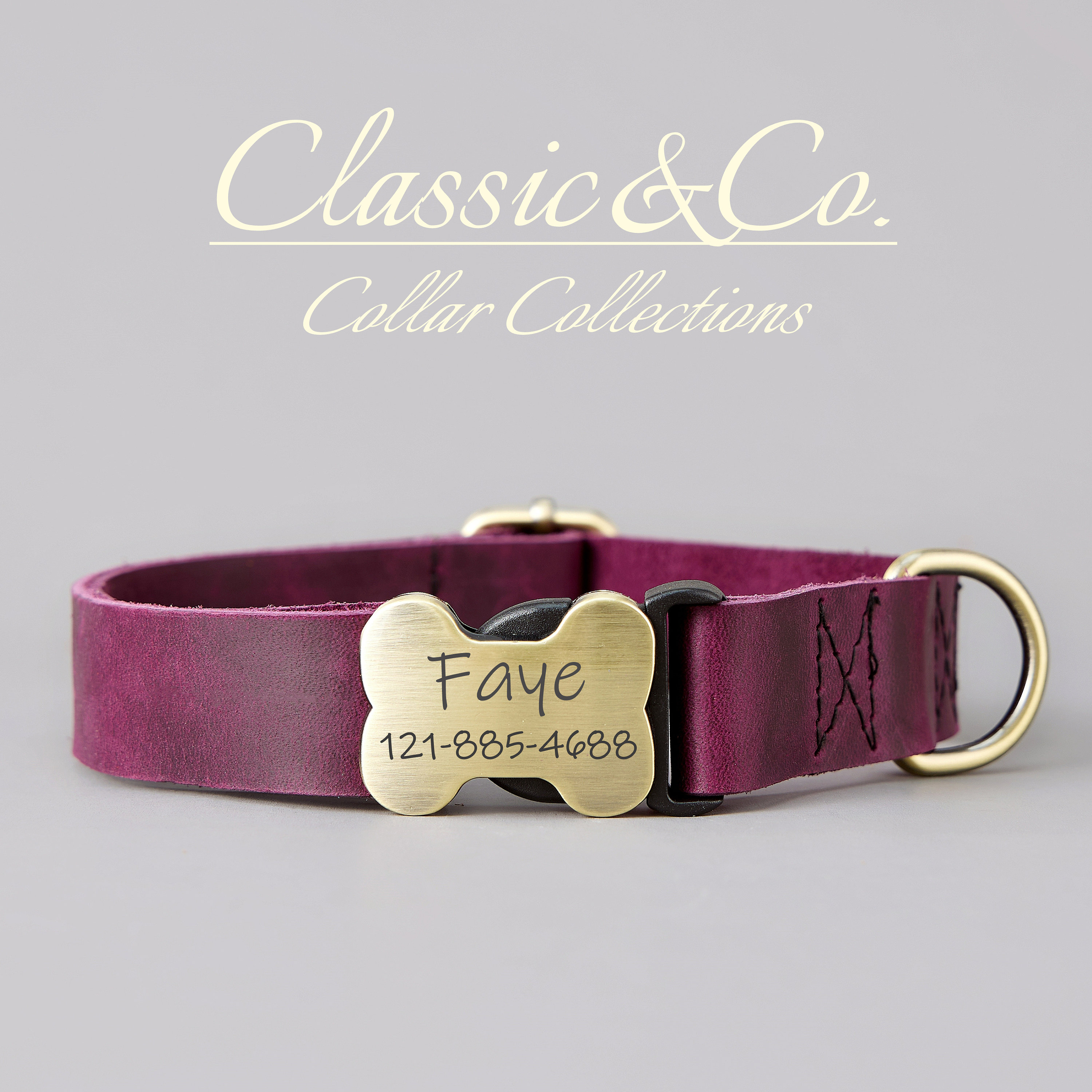 Geniuine Cowhide Leather Dog Collar Lead,Solid Dog Collar Leash Set Purple,Engraved Metal Buckle+Free Name Tag,Wedding Puppy Gift