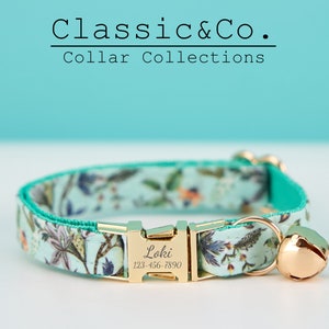 Green Spring Flower Cat Collar, Floral Design for Female Pets, Personalize Kitten Collar with Gold Bell and Buckle, Free Pet Name Engrave