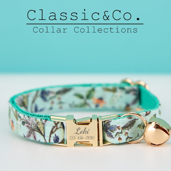 Green Spring Flower Cat Collar, Floral Design for Female Pets, Personalize Kitten Collar with Gold Bell and Buckle, Free Pet Name Engrave