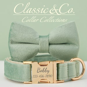 Dog Collar Bow Tie Lead,Handmade Boy Dog Bow Tie Collars,SageGreen Velvet Collar With Engraved Name image 1