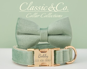 Dog Collar Bow Tie Lead,Handmade Boy Dog Bow Tie Collars,SageGreen Velvet Collar With Engraved Name