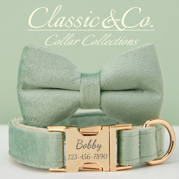 Dog Collar Bow Tie Lead,Handmade Boy Dog Bow Tie Collars,SageGreen Velvet Collar With Engraved Name