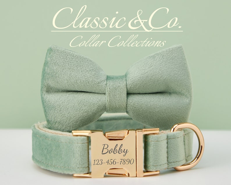 Dog Collar Bow Tie Lead,Handmade Boy Dog Bow Tie Collars,SageGreen Velvet Collar With Engraved Name image 1