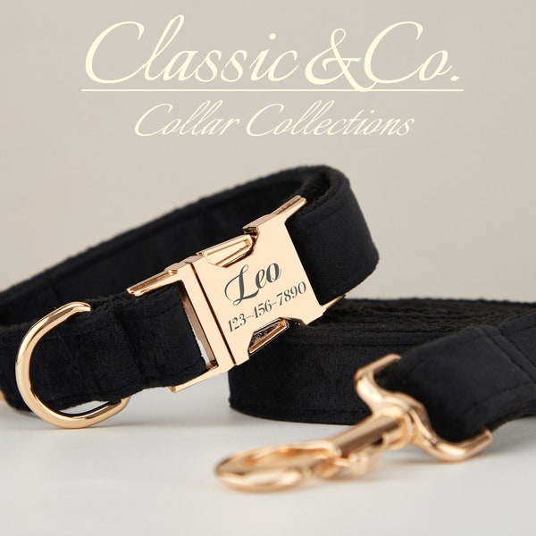 Black Velvet Personalized Dog Collar Bow Tie Leash Set For Male Boy,Custom Engraved Pet Name Metal Buckle,Wedding Puppy Gift,FREE Shipping