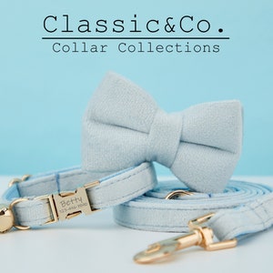 LightBlue Velvet Personalized Cat & Small Dog Collar Bow Tie Leash Set,Free Engraved Kitten Puppy Name Tag,Gold Bell,Pet Birthday Gift