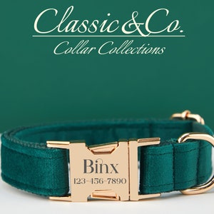 Personalized Dog Collar Bow Tie Leash,Emerald Velvet Collar With Engraved Name Metal Buckle,Wedding Puppy Gift,FREE Shipping