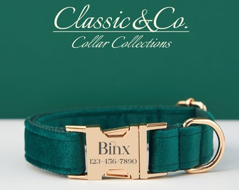 Personalized Dog Collar Bow Tie Leash,Emerald Velvet Collar With Engraved Name Metal Buckle,Wedding Puppy Gift,FREE Shipping