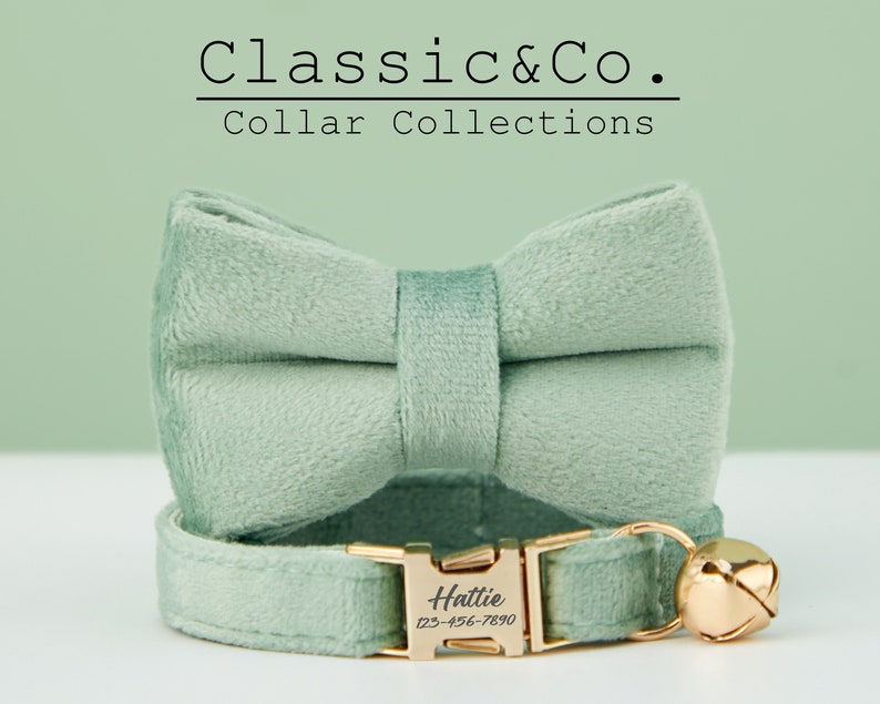Sage Green Velvet Personalized Cat & Small Dog Collar Bow Tie Etsy Australia